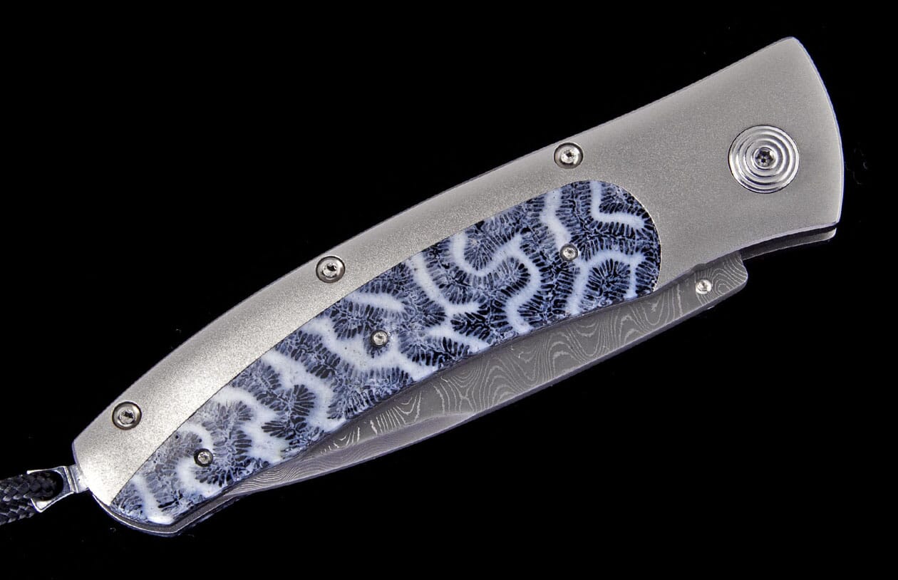 Rogue Marlin Damascus Pocket Knife with Inlaid Fossil Coral