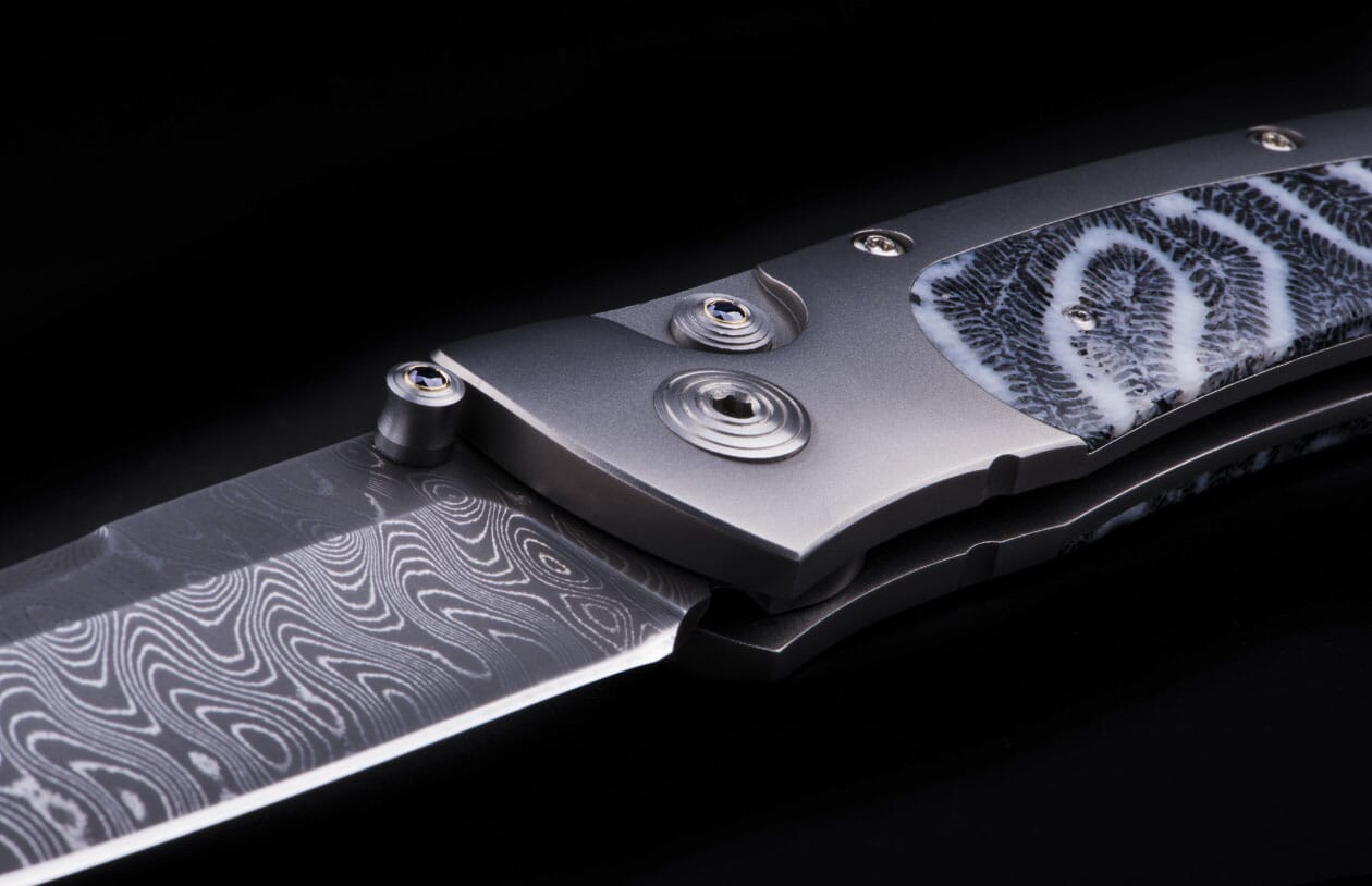 Rogue Marlin Damascus Pocket Knife with Inlaid Fossil Coral