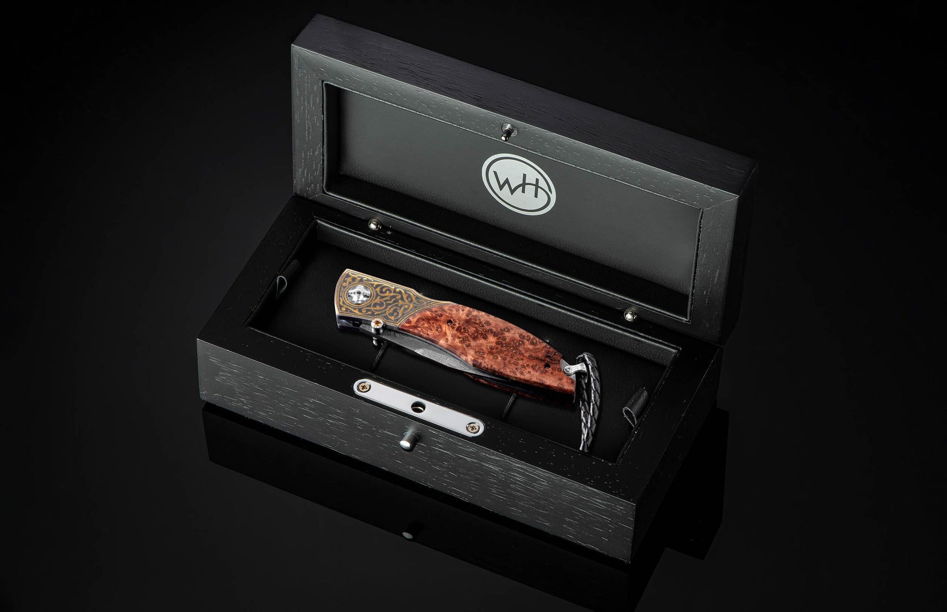 The Redwood Gold Pocket Knife with Redwood Burl Knife Handle in a case