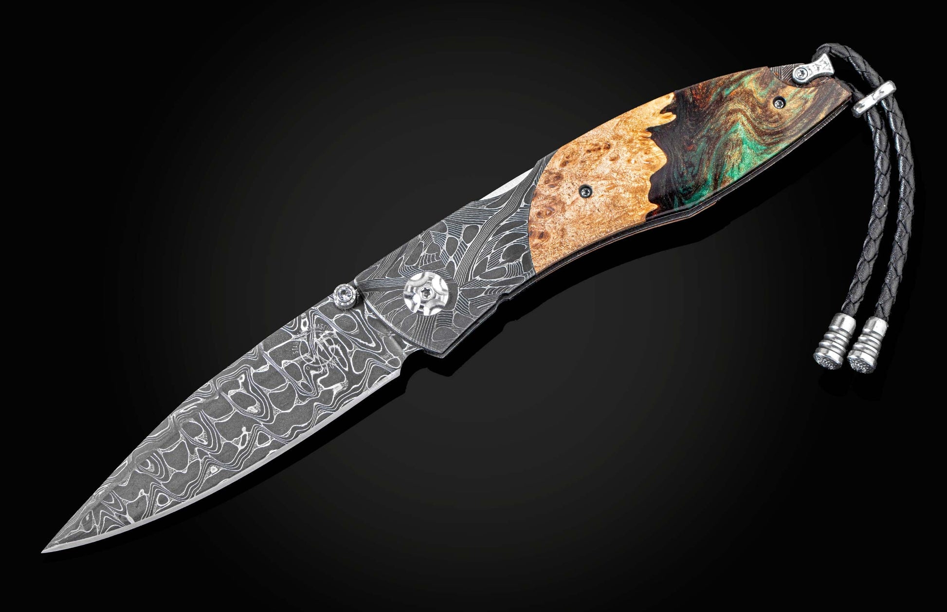  white topaz gem stones and hand-forged damascus steel blade