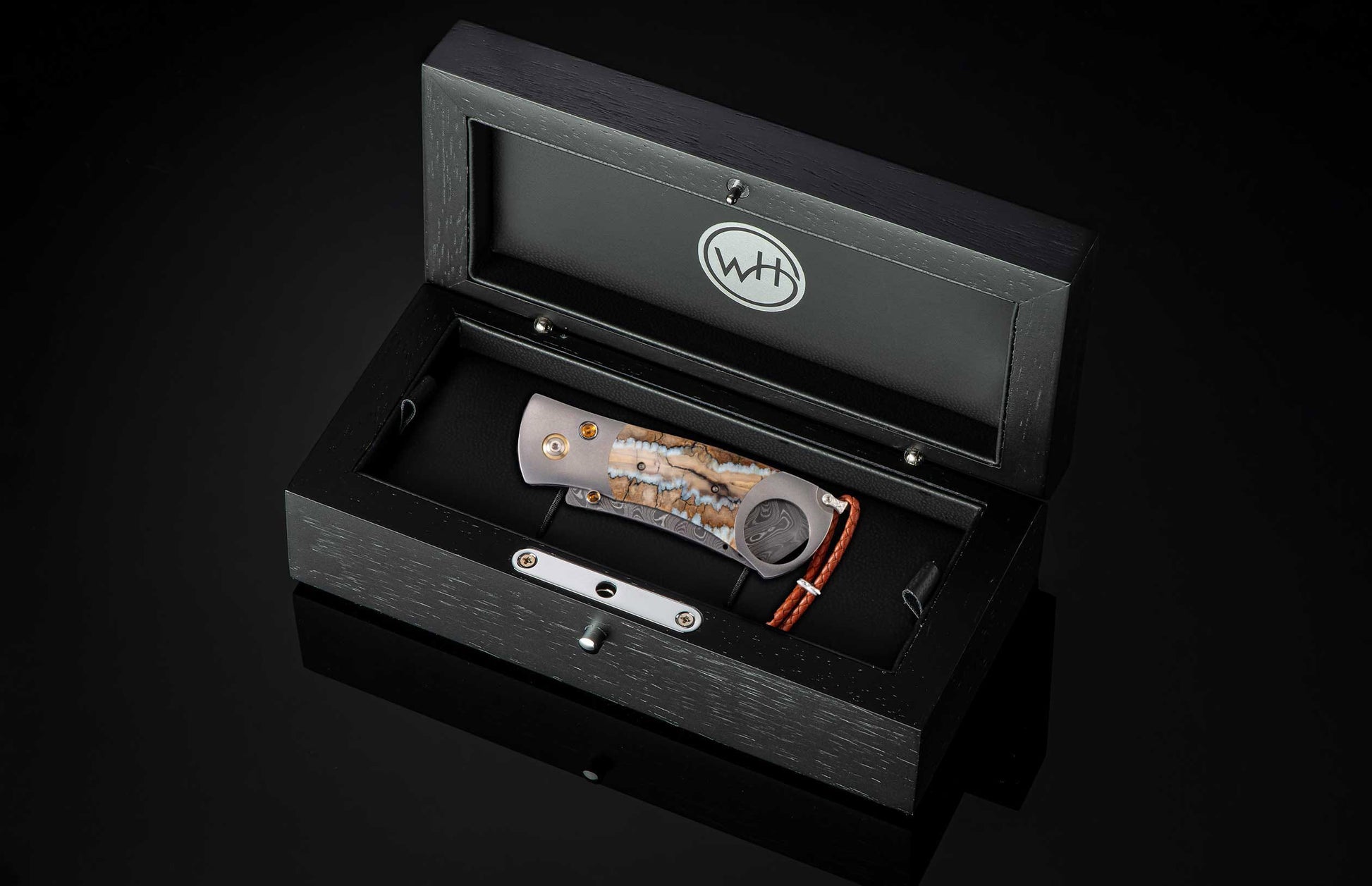 The Titanium Cigar Cutter with Fossil Mammoth Tooth and Damascus Blade in a case