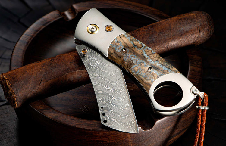 The Titanium Cigar Cutter with Fossil Mammoth Tooth and Damascus Blade
