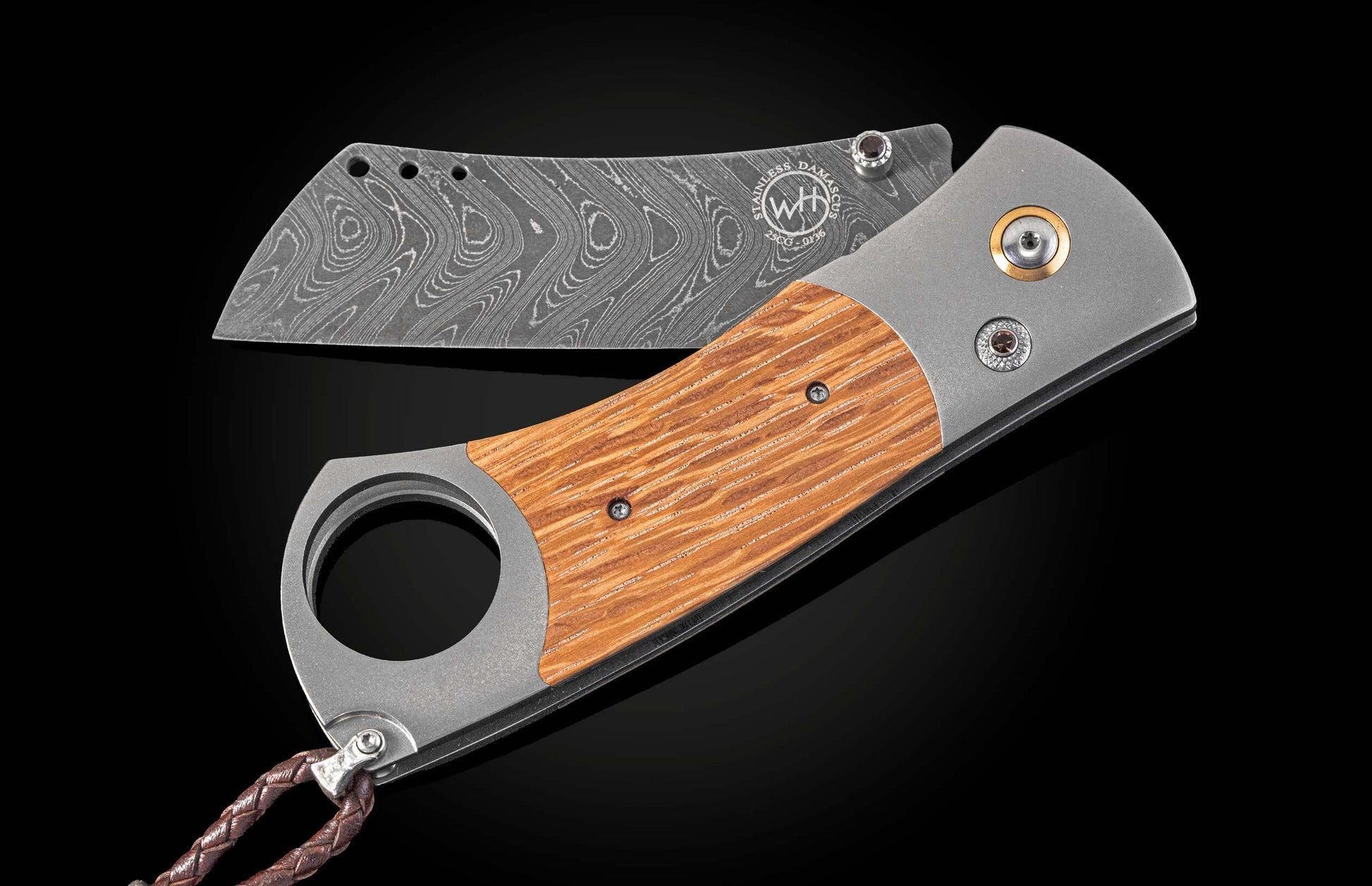 Custom William Henry cigar cutter with Pappy Van Winkle wood and damascus blade.