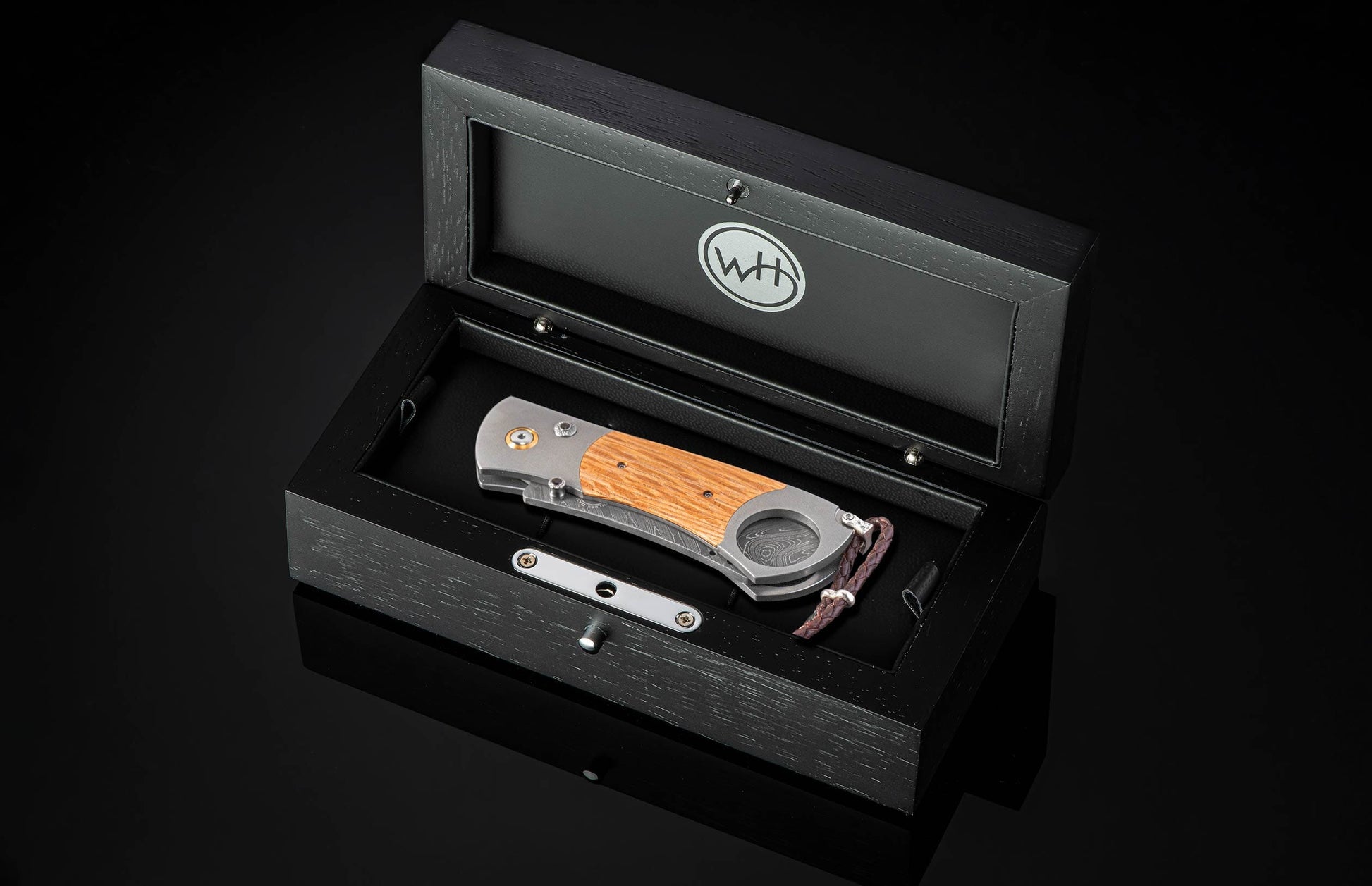 Custom William Henry cigar cutter with Pappy Van Winkle wood and damascus blade.
