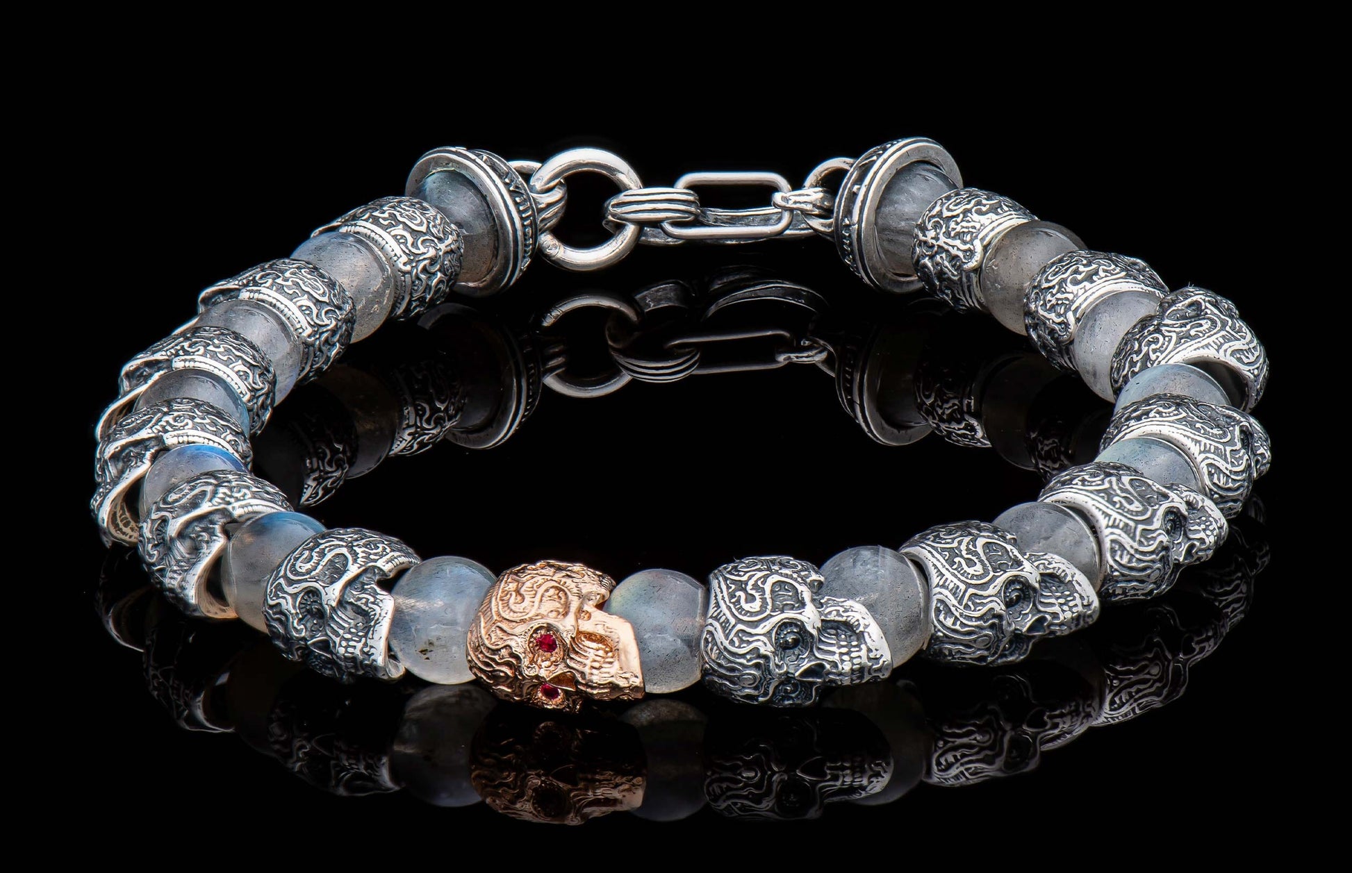 The Nimbus Men's Beaded Bracelet with 18K Rose Gold, Skulls, and Labradorite