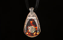 Bronze and silver-toned pendant with engraved edges and 'William Henry' inscription, holding a tortoiseshell guitar pick with a gold Zac Brown Band logo, on a black cord.