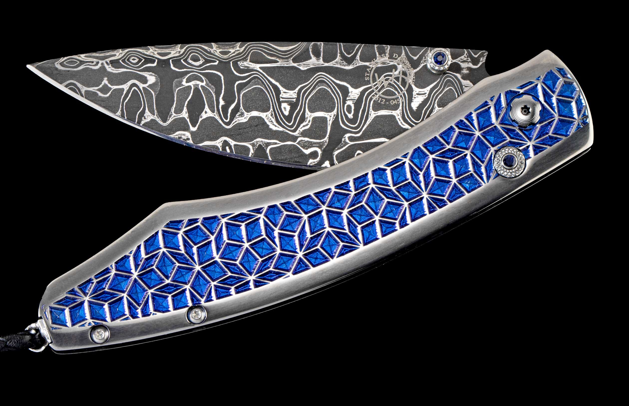One of a kind William Henry custom knife with Damascus steel, Anodized & micro-machined stainless steel, and Sapphire gemstones.