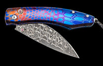 One of a kind William Henry custom knife with Damascus steel, Laser colored titanium, and Amethyst gemstones.