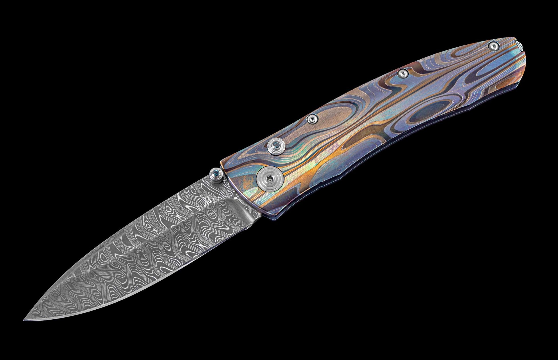 One of a kind William Henry knife with Laser color-engraved titanium frame and hand forged Damascus steel blade