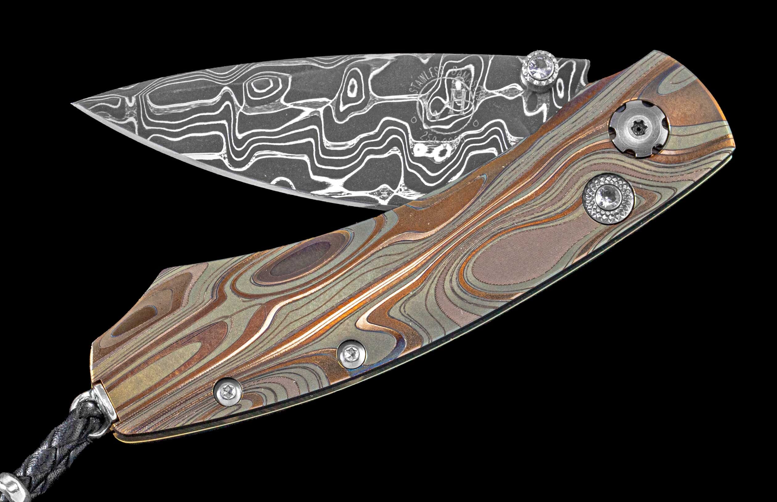 One of a kind William Henry pocket knife featuring a Laser color-engraved titanium frame in swirled colors and a hand forged damascus steel blade