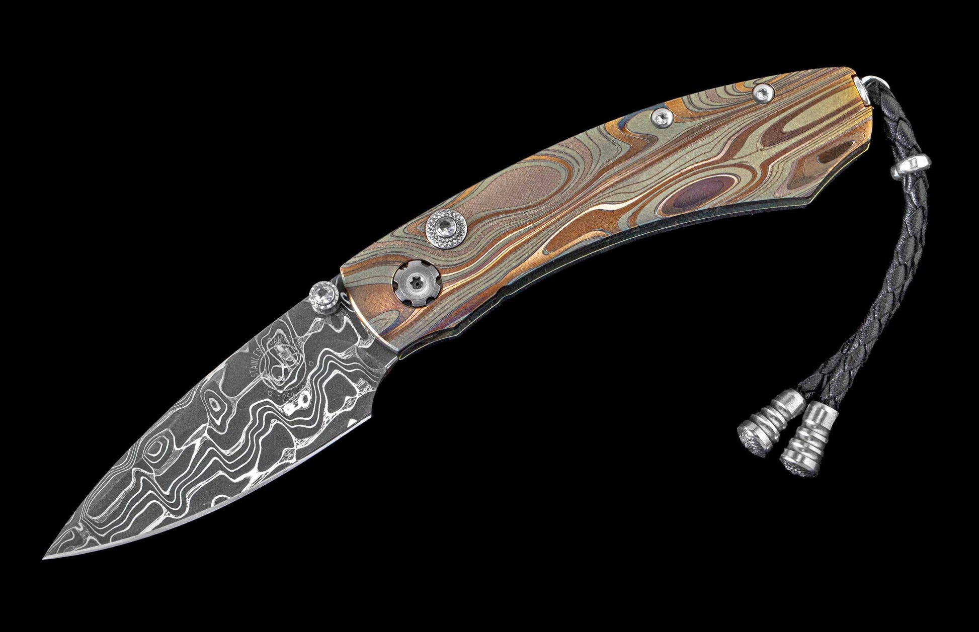 One of a kind William Henry pocket knife featuring a Laser color-engraved titanium frame in swirled colors and a hand forged damascus steel blade