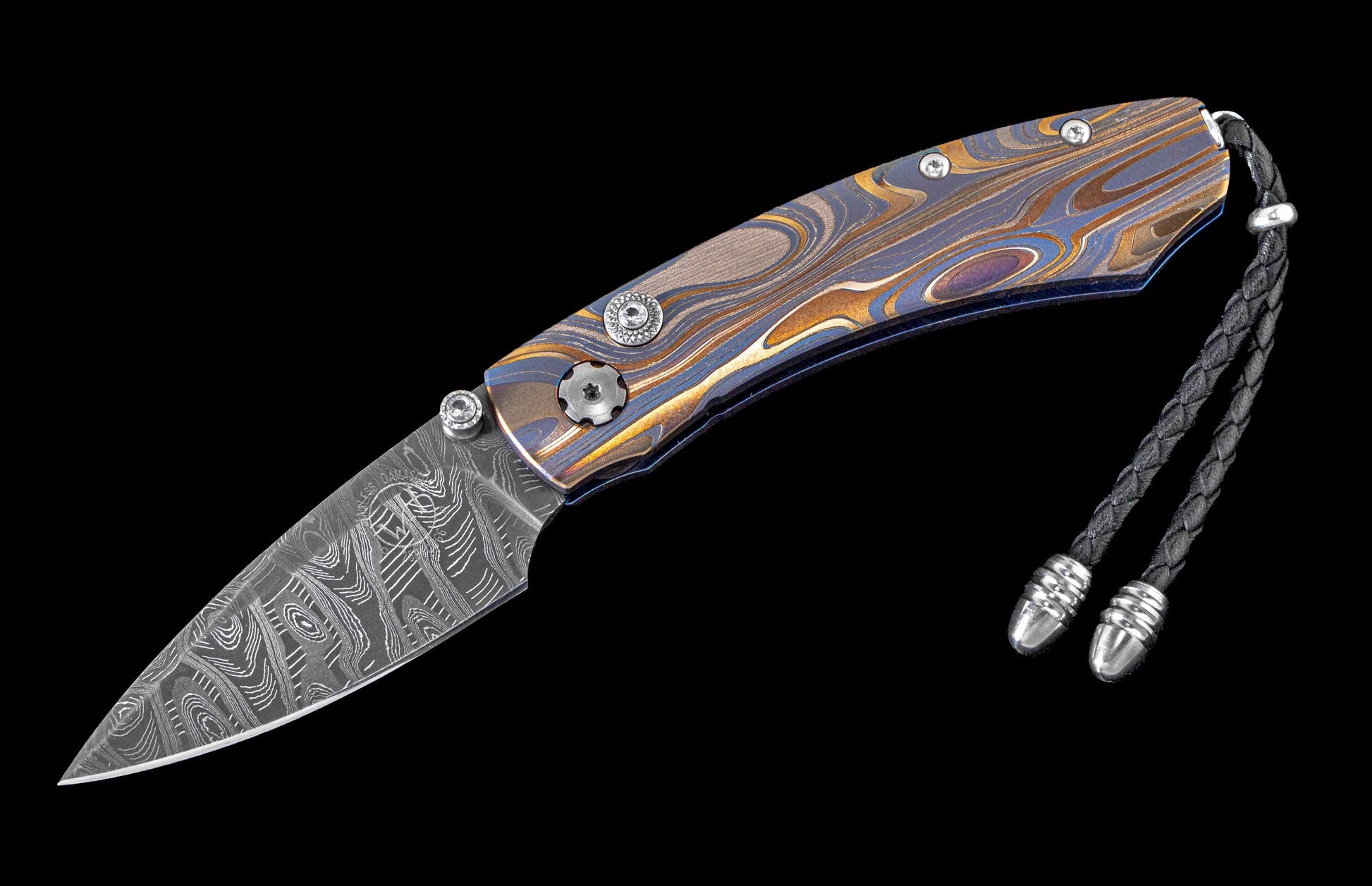 Handcrafted one-of-a-kind William Henry pocket knife featuring a Laser color-engraved titanium frame and hand-forged Damascus steel blade