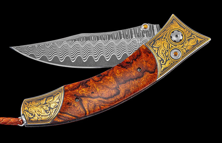 One of a Kind Custom William Henry Knife featuring Desert Ironwood scales, 24K gold Koftgari inlay, Citrine gemstones, and a hand forged damascus steel blade