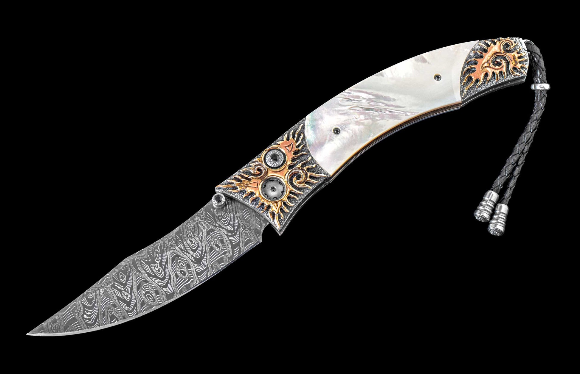 One of a Kind Custom William Henry Knife with a Hand-carved sterling silver & mokume frame set with mother of pearl scales and spinel gemstones.