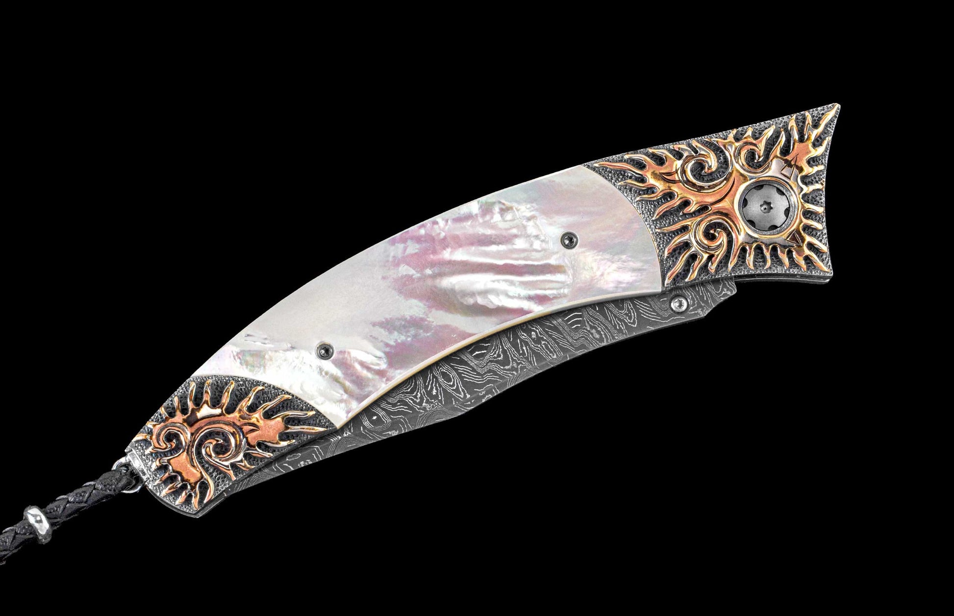 One of a Kind Custom William Henry Knife with a Hand-carved sterling silver & mokume frame set with mother of pearl scales and spinel gemstones.