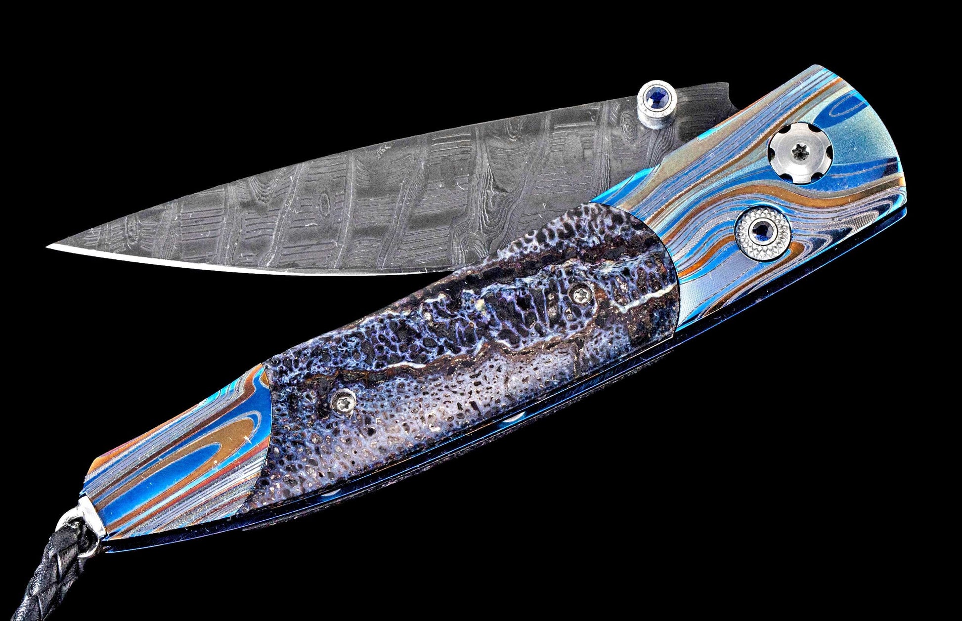 One of a kind custom William Henry knife with Damascus steel, Laser color-engraved titanium, Fossil Mammoth Bone and Sapphire