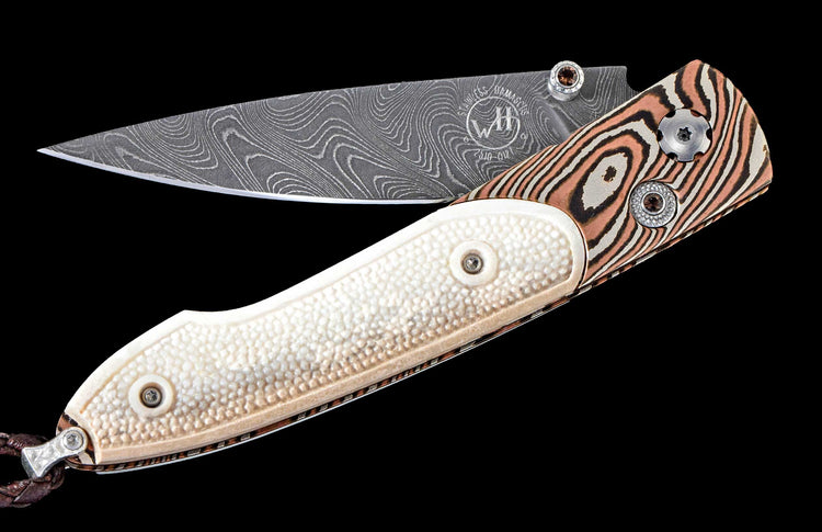One of a kind custom William Henry knife with Damascus steel, Mokume gane, Hand-carved cattle bone and Smoky Quartz