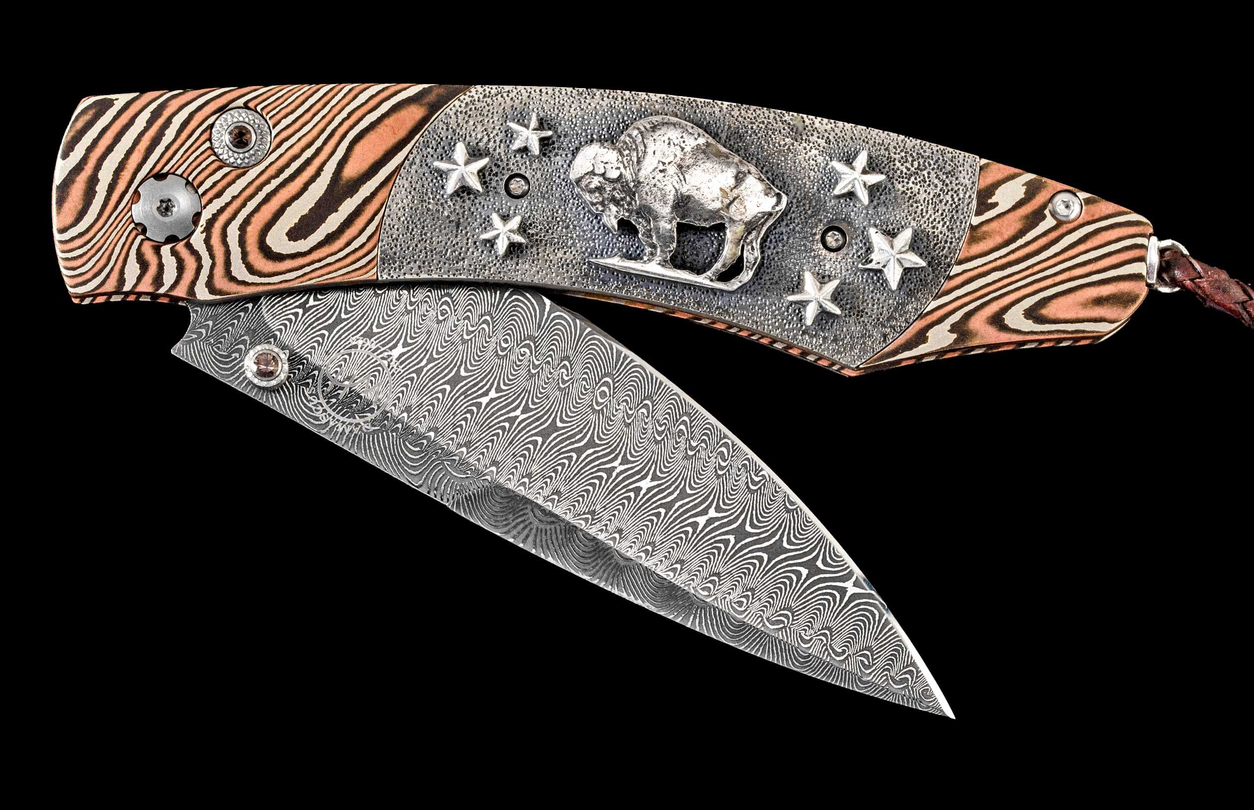 One of a kind custom William Henry knife with a Mokume gane frame, Hand-carved sterling silver w/Buffalo Nickel, and smokey quartz.