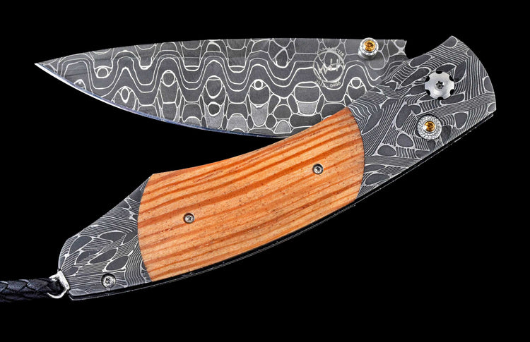One of a kind William Henry custom knife with Damascus steel, 'Man o' War' stable wood, and Citrine gemstones.