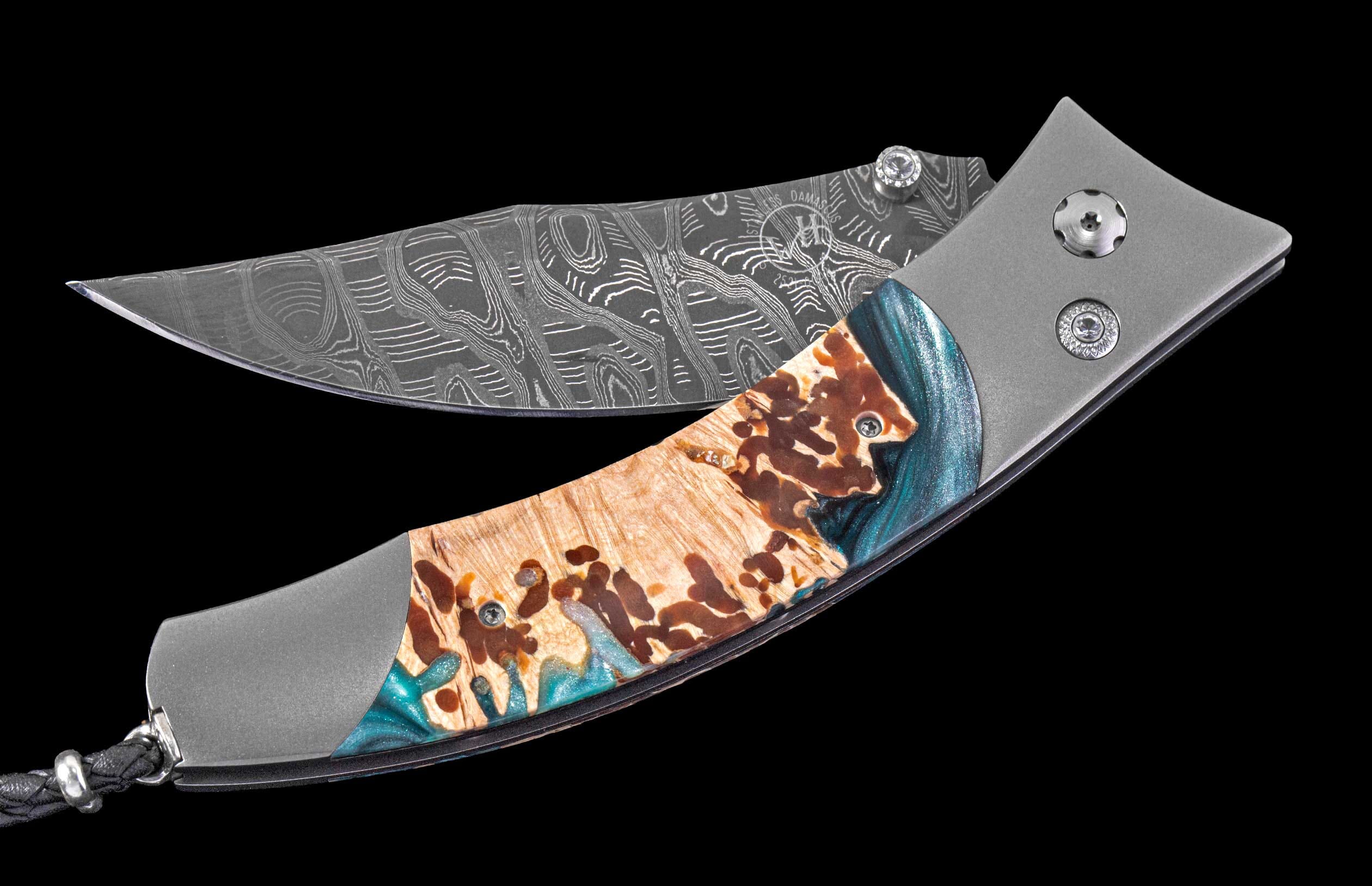 One of a Kind William Henry Knife Custom Knife with Natural wood and resin hybrid scales, titanium, and Damascus steel.