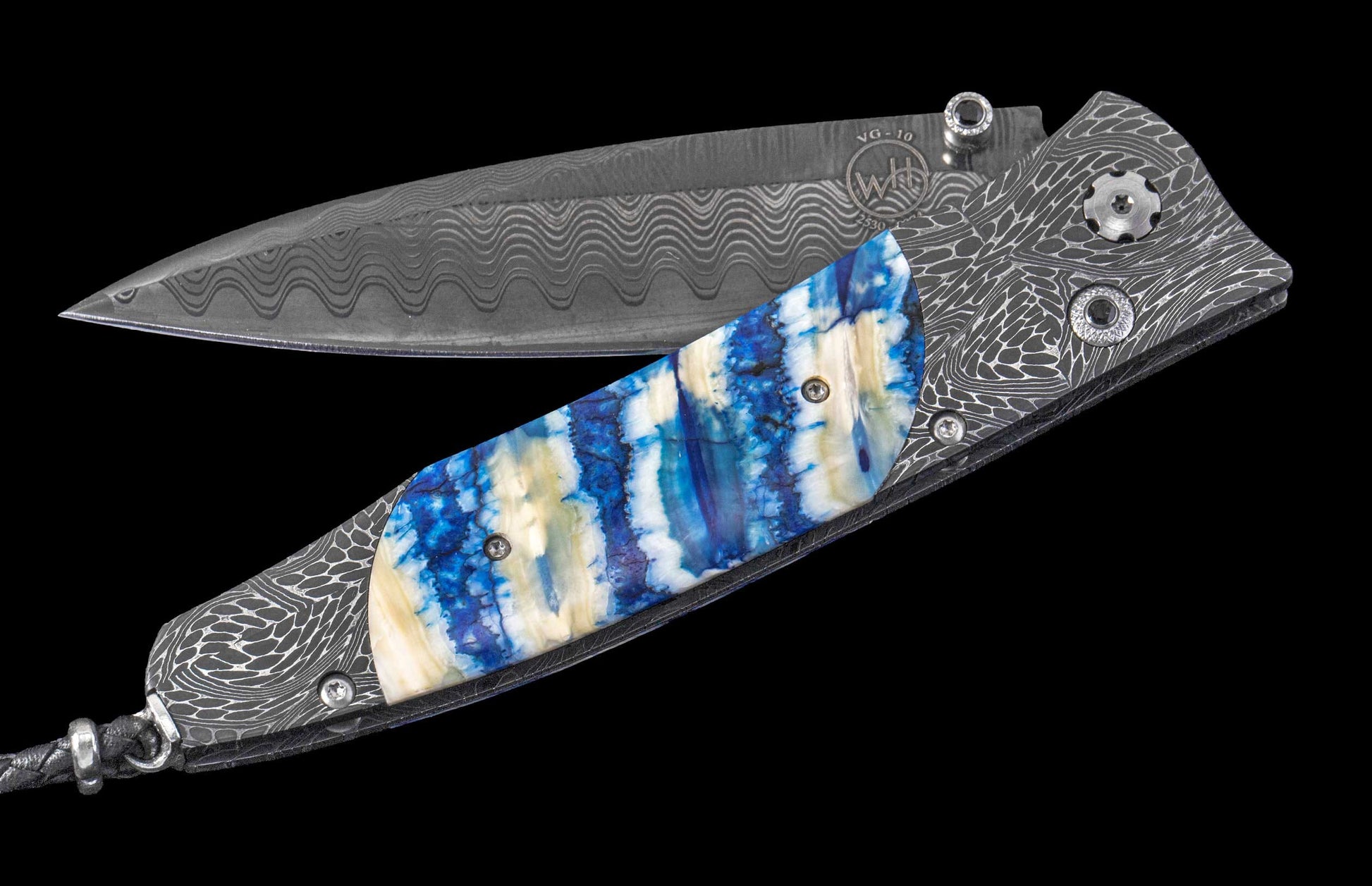 One of a Kind William Henry Custom Knife with damascus steel frame, Fossil Mammoth tooth scales, and damascus steel blade.