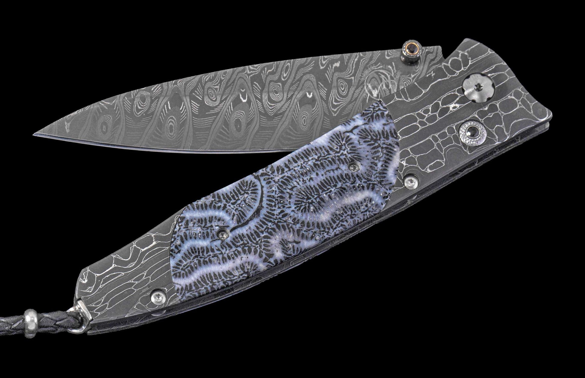 One of a Kind William Henry Custom Knife with damascus frame, Fossil coral scales, and damascus steel blade.