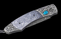 One of a Kind William Henry Custom Knife with  Hand-carved sterling silver w/inlaid carved turquoise frame