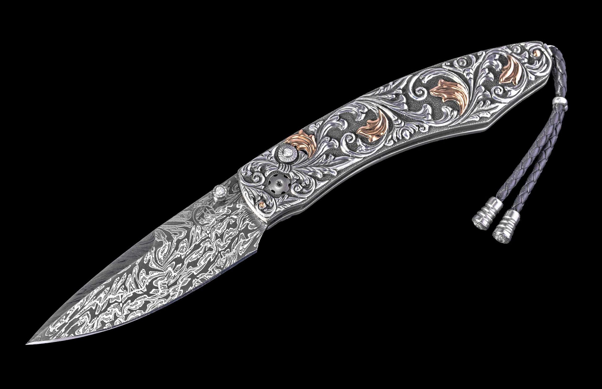 One of a Kind William Henry Custom Knife with Hand-carved sterling silver w/gold and damascus steel blade