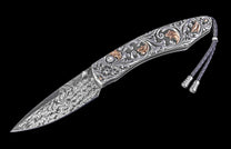 One of a Kind William Henry Custom Knife with Hand-carved sterling silver w/gold and damascus steel blade