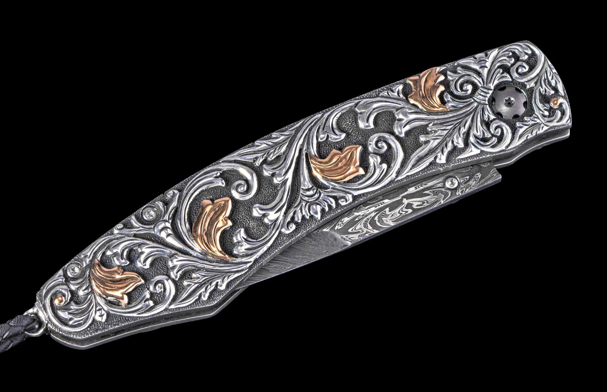 One of a Kind William Henry Custom Knife with Hand-carved sterling silver w/gold and damascus steel blade