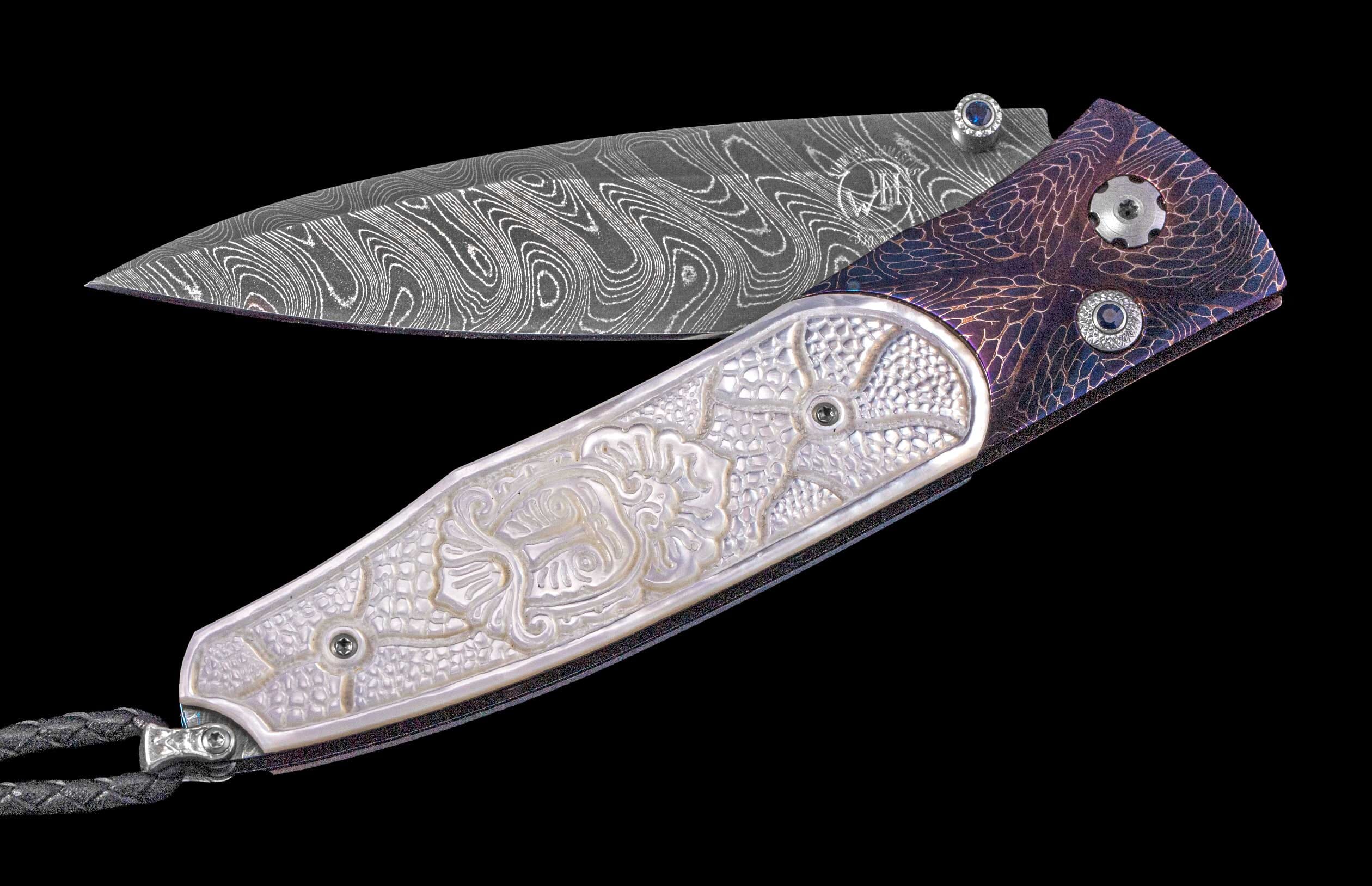 Folding knife with patterned Damascus blade, carved mother-of-pearl handle, textured purple scale, and blue gemstones.
