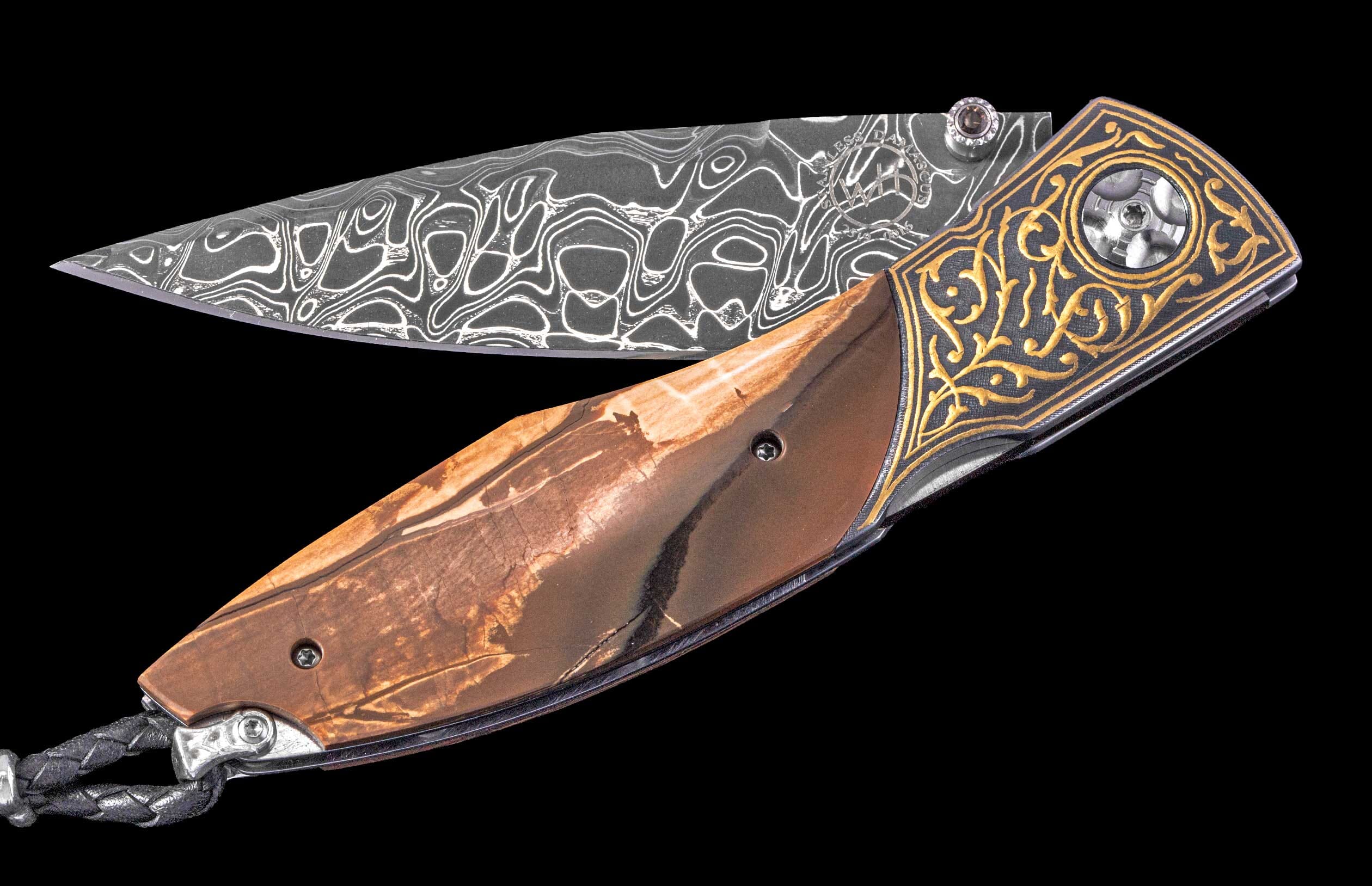 Damascus steel folding knife with a wavy pattern blade, a reddish-brown handle, and gold scrollwork detailing.