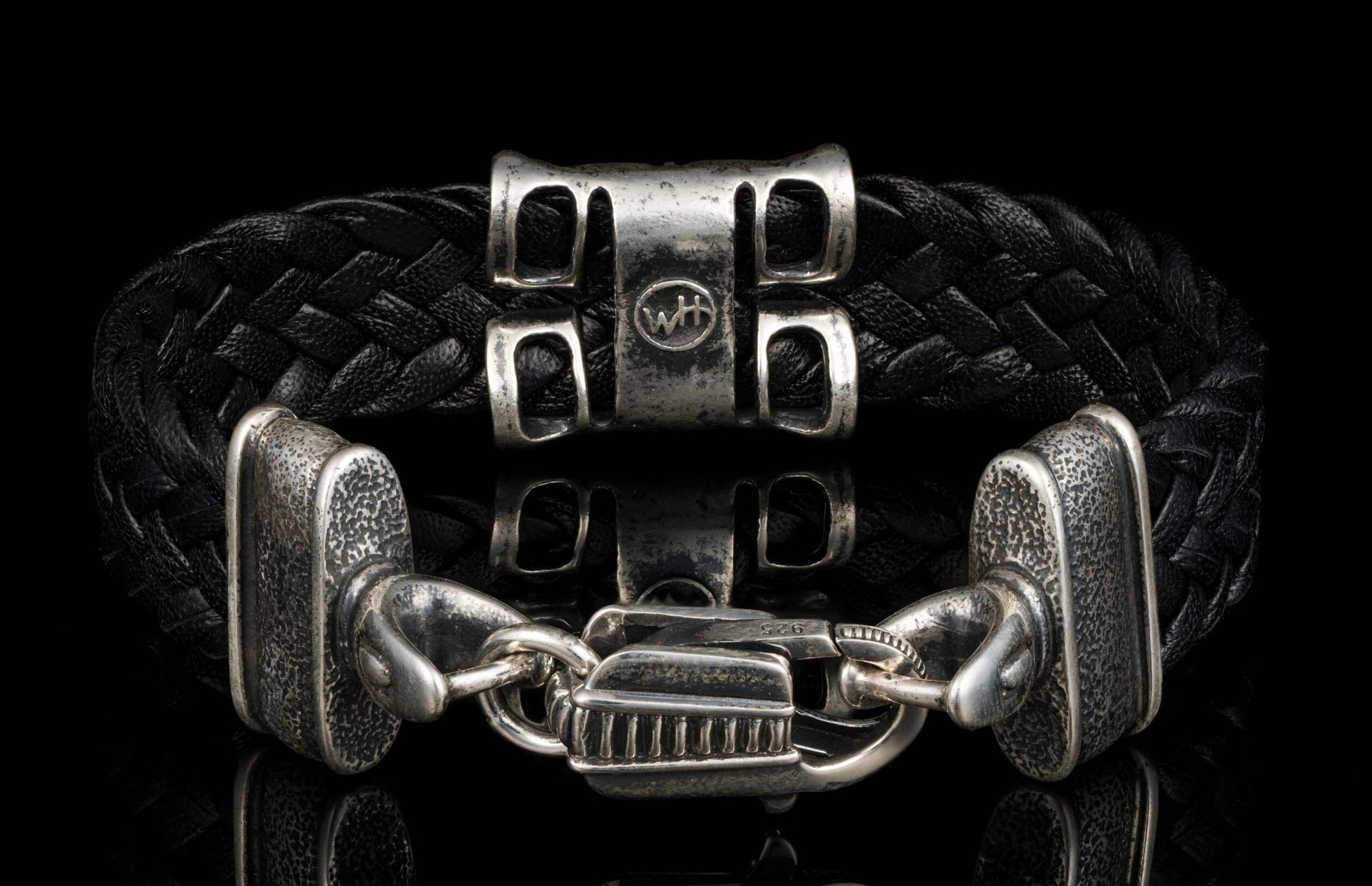 The ‘Rhomb’ leather bracelet from William Henry features woven kangaroo leather adorned with textured and patinated sterling silver details.