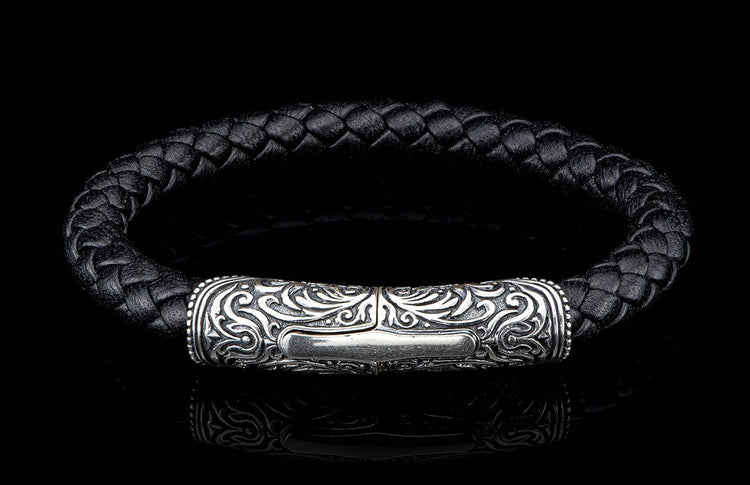 The Milan Silver and Black Braided Leather Bracelet 