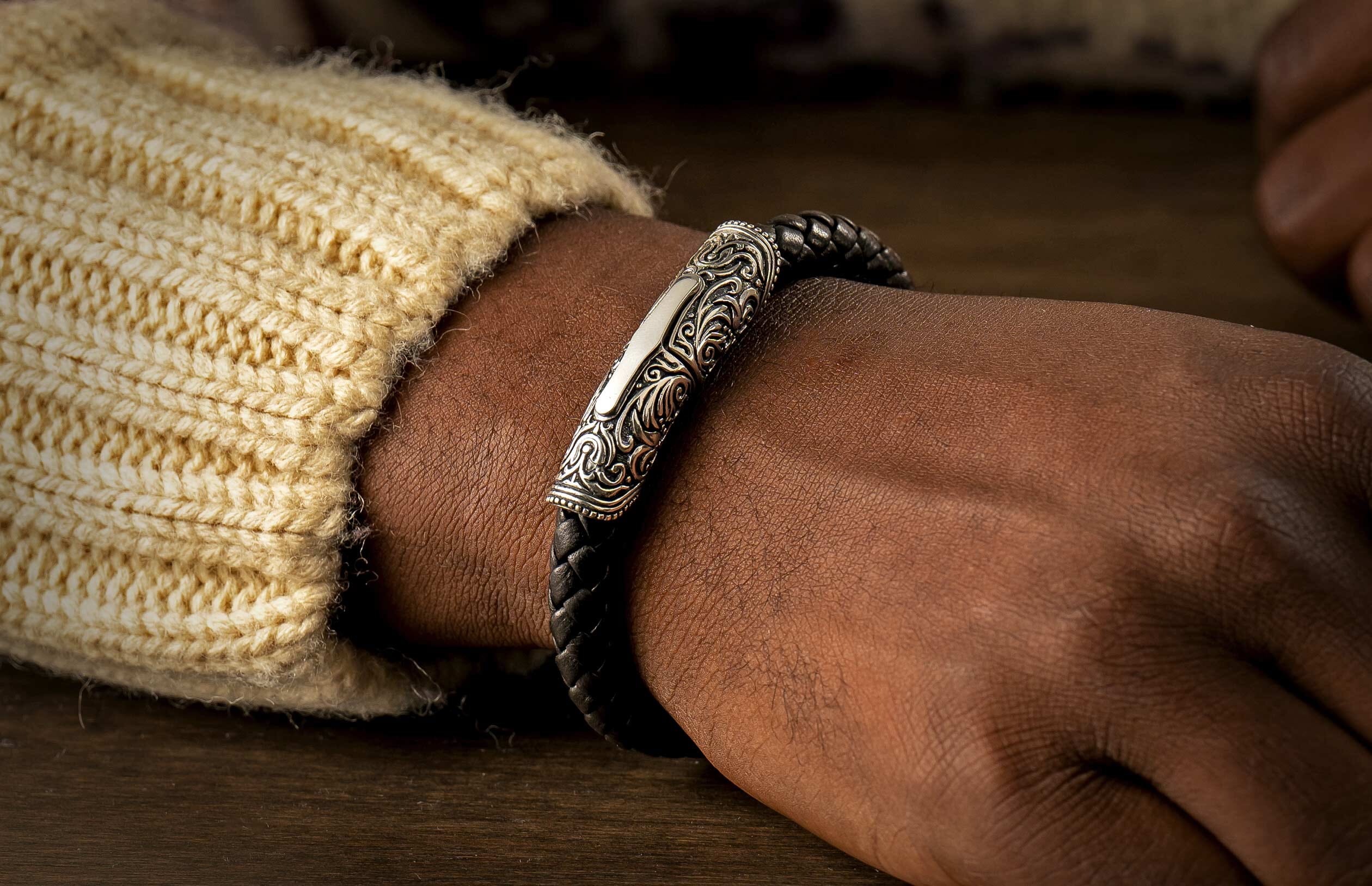 Milan Silver and Black Men's Braided Leather Bracelet – William Henry