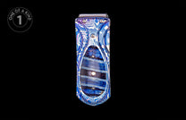 Blue patterned money clip featuring swirled blue and white metal and a central inlay of horizontally striped blue and black stone with silver fasteners.
