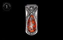 Ornate silver-toned money clip with a central mottled orange and grey stone, featuring scrollwork and a star emblem.