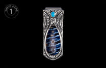Silver money clip with an engraved frame, featuring a banded blue, black, and brown stone, three small studs, and a turquoise oval.