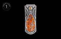 Silver money clip with an orange and white variegated stone inlay, featuring decorative etched patterns and small accent gems.