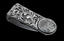 Handcrafted money clip from William Henry features hand-carved sterling silver body with an inlaid Buffalo Nickel, and finished with a beautiful patina.