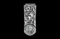 Handcrafted money clip from William Henry features hand-carved sterling silver body with an inlaid Buffalo Nickel