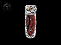 Silver-toned money clip with dark red wood inlay, featuring a gold skull and ornate silver frame.