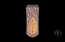 Money clip featuring an orange, black, and silver wavy striped design with a central brown wood panel and silver rivets.