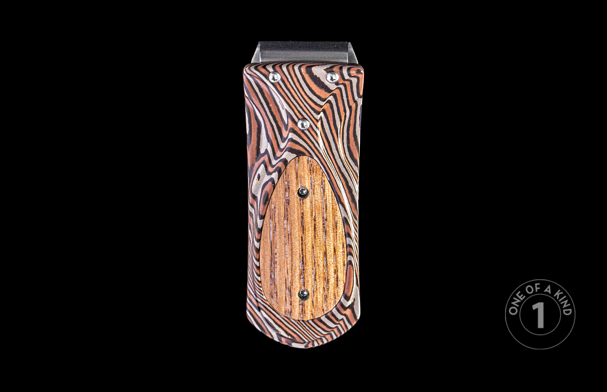 Money clip featuring an orange, black, and silver wavy striped design with a central brown wood panel and silver rivets.