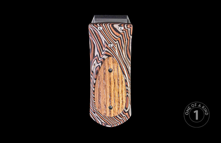 Money clip featuring an orange, black, and silver wavy striped design with a central brown wood panel and silver rivets.