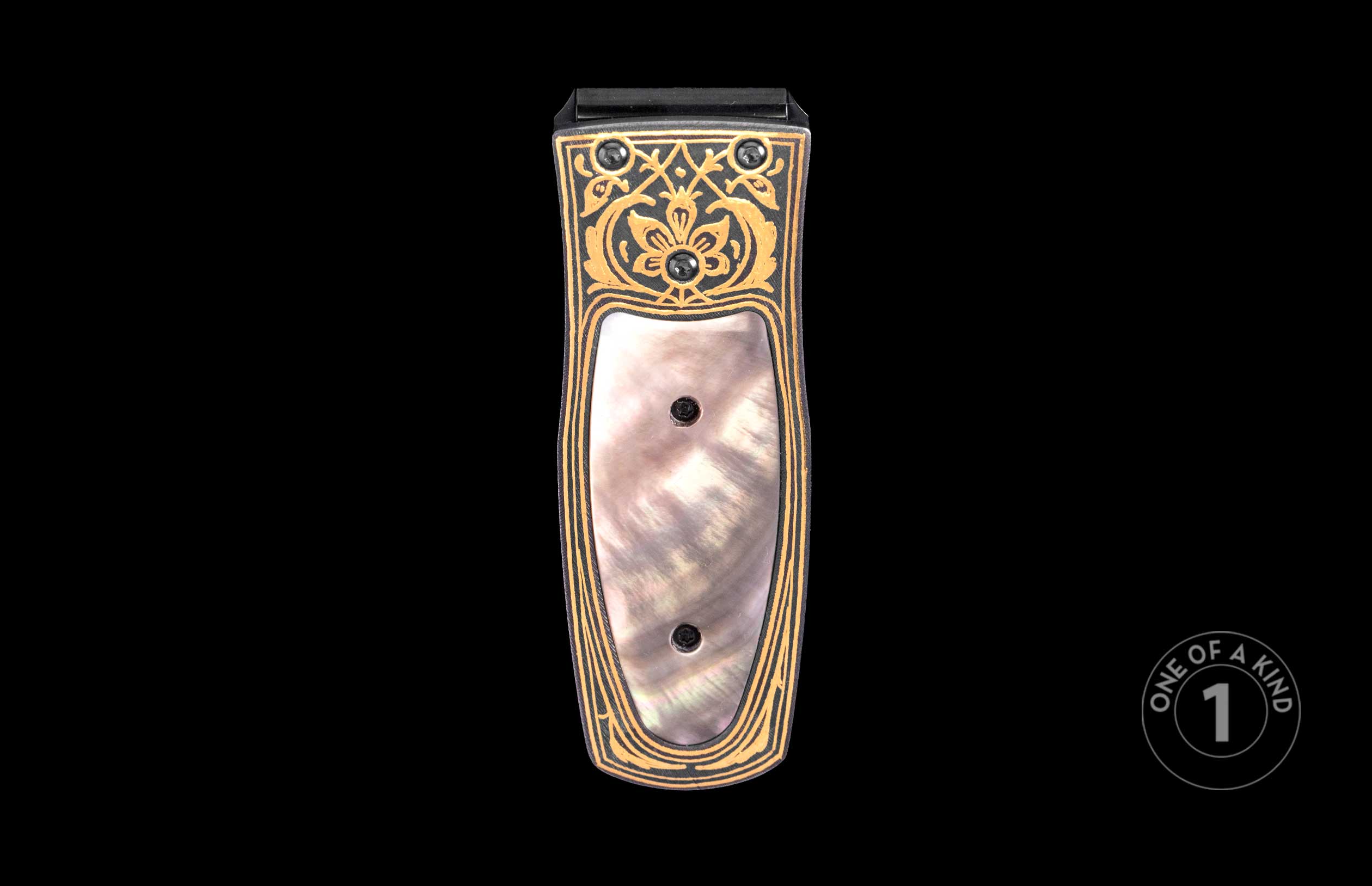 Black and gold money clip with intricate floral engraving and mother-of-pearl inlay, one of a kind
