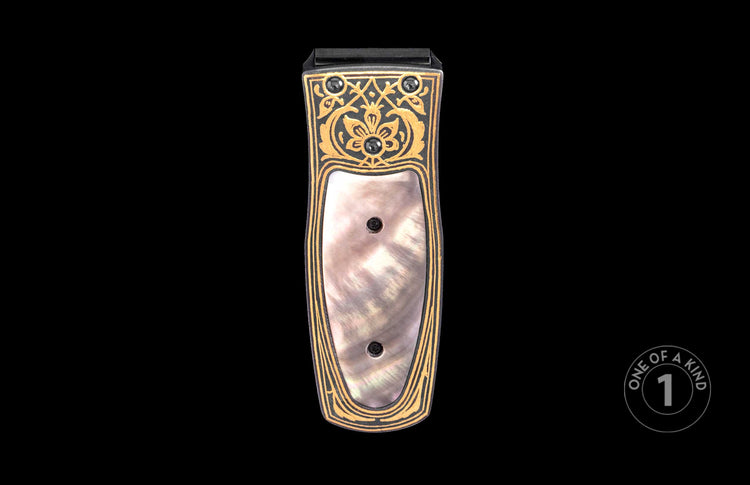Black and gold money clip with intricate floral engraving and mother-of-pearl inlay, one of a kind