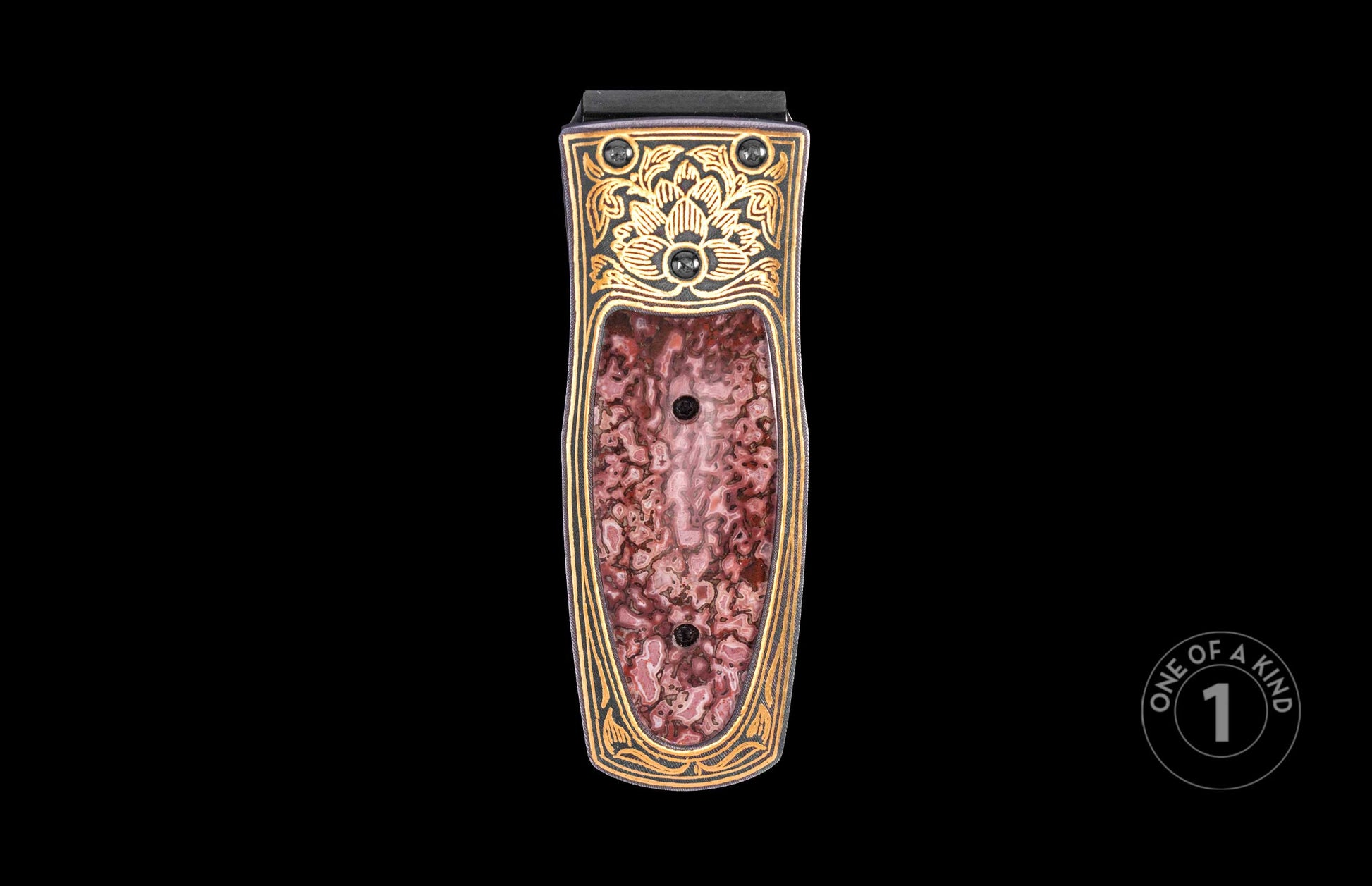 Luxury money clip with marbled pink resin center, gold floral inlay, and black accents, one of a kind, front view