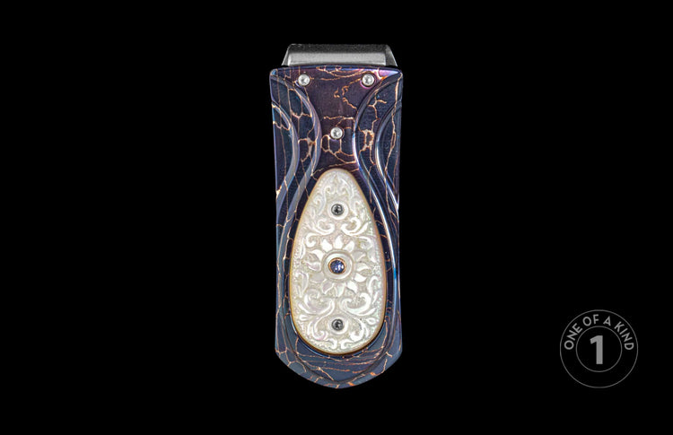 Mother of pearl and heat colored damascus steel money clip from William Henry