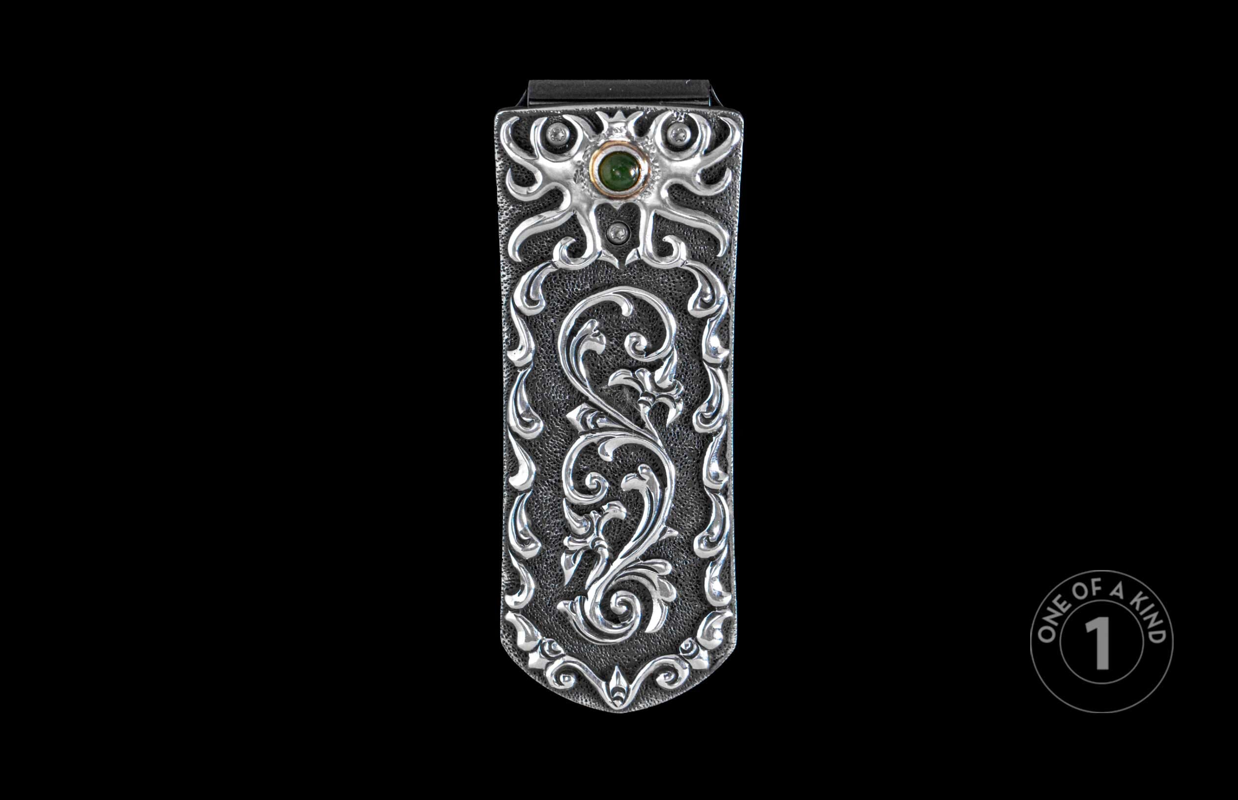 Handcrafted William Henry money clip with hand carved sterling silver and jade